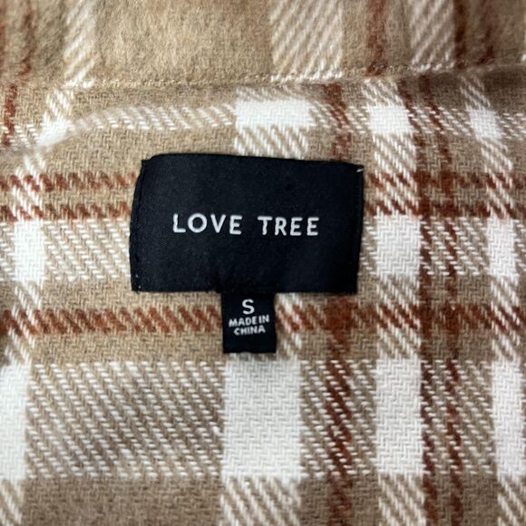 Love Tree Jacket Womens Small Tan Brown White Plaid Overshirt Shacket Fleece - Picture 6 of 11